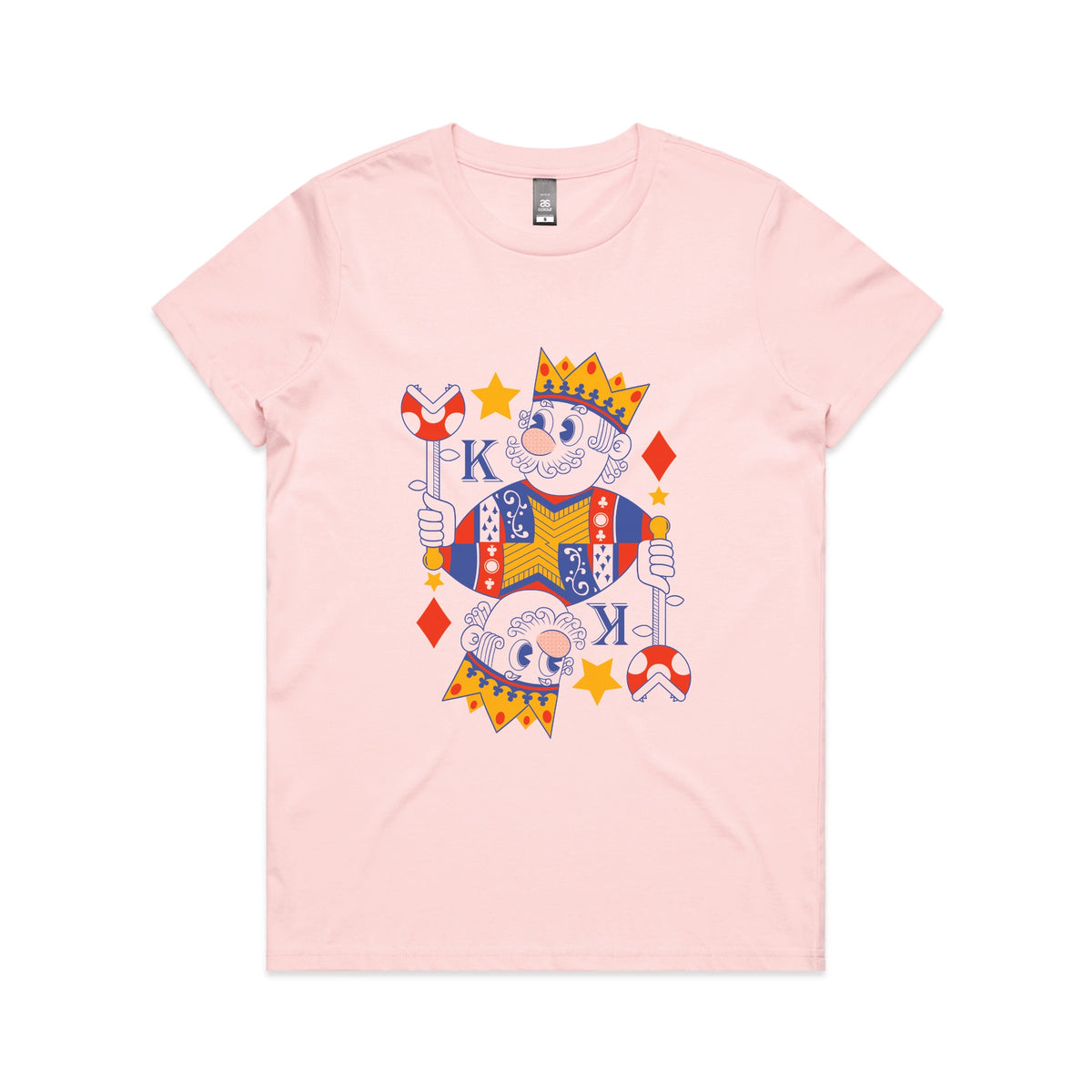 Pink fitted womens t-shirt with Mushroom King graphic by Lonely Kids Club