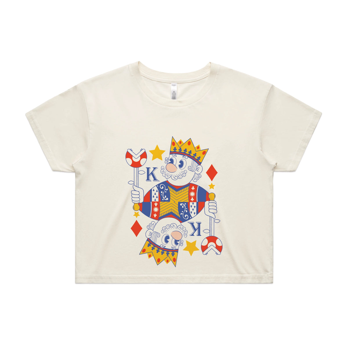 Ecru crop top with Mushroom King graphic by Lonely Kids Club