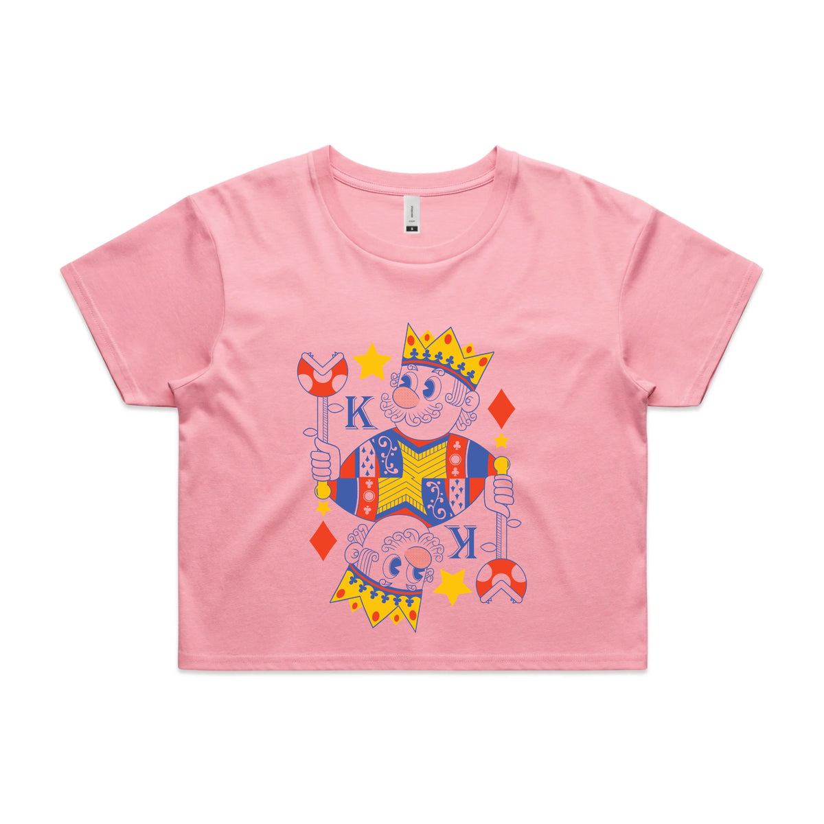 Bubblegum crop top with Mushroom King graphic by Lonely Kids Club