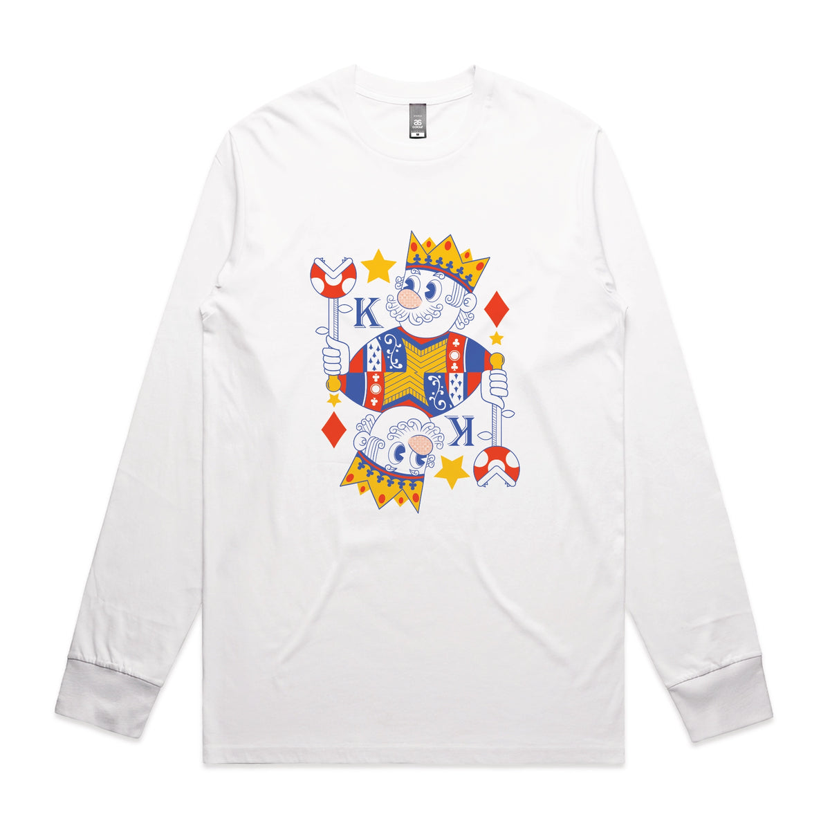 White long sleeve t-shirt with Mushroom King graphic by Lonely Kids Club