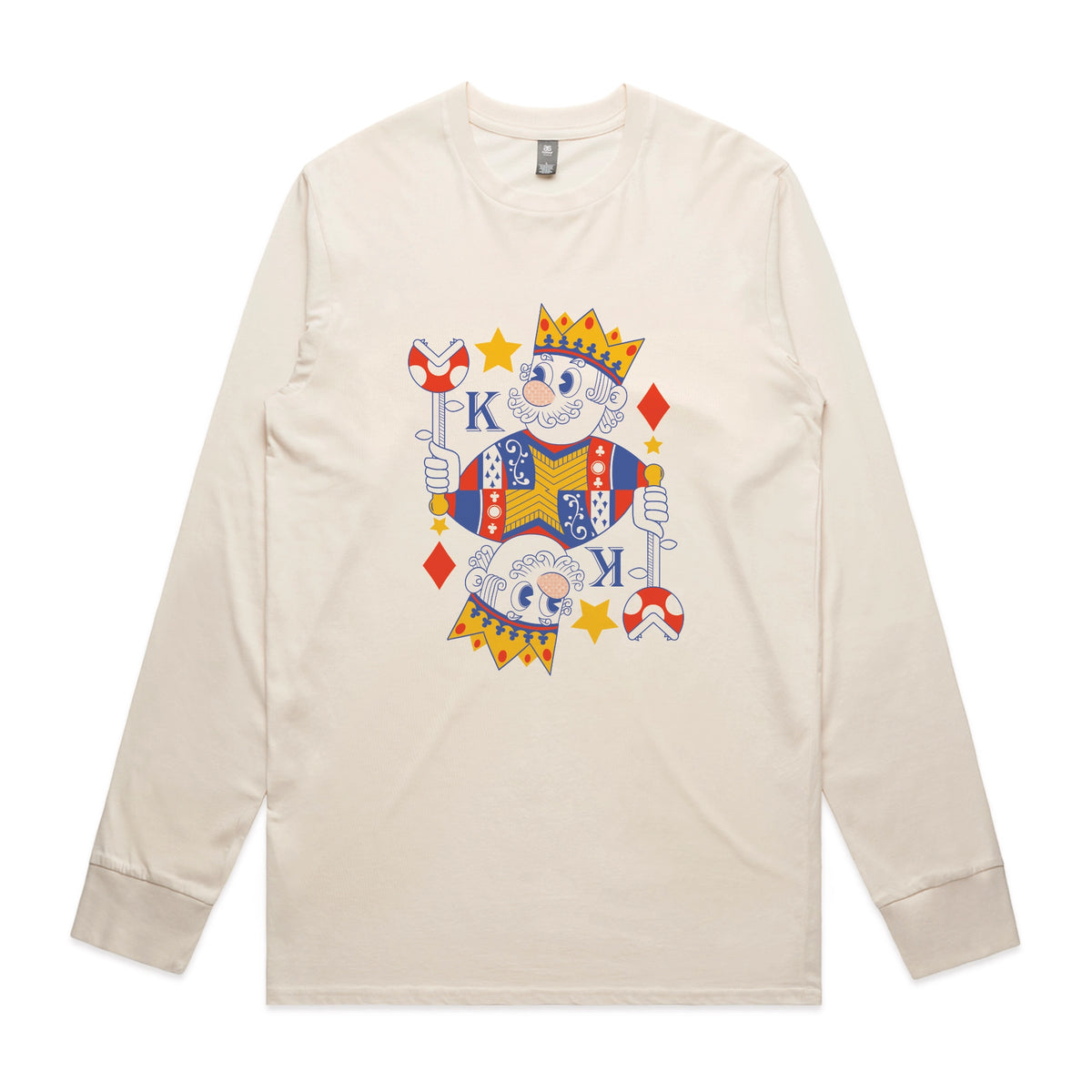 Ecru long sleeve t-shirt with Mushroom King graphic by Lonely Kids Club