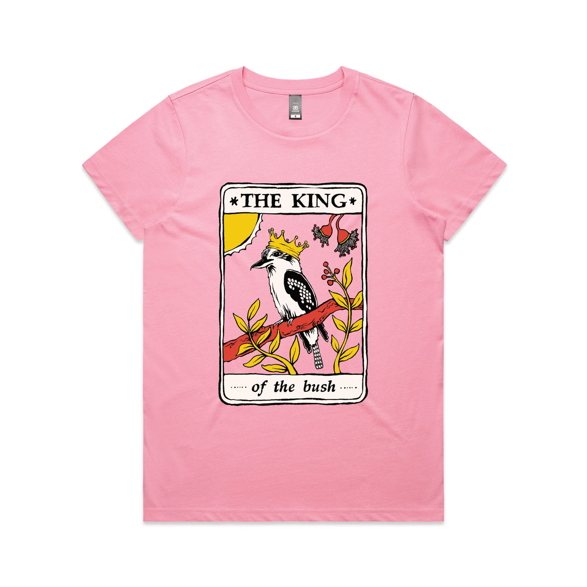Bubblegum fitted womens t-shirt with The King Tarot graphic by Lonely Kids Club