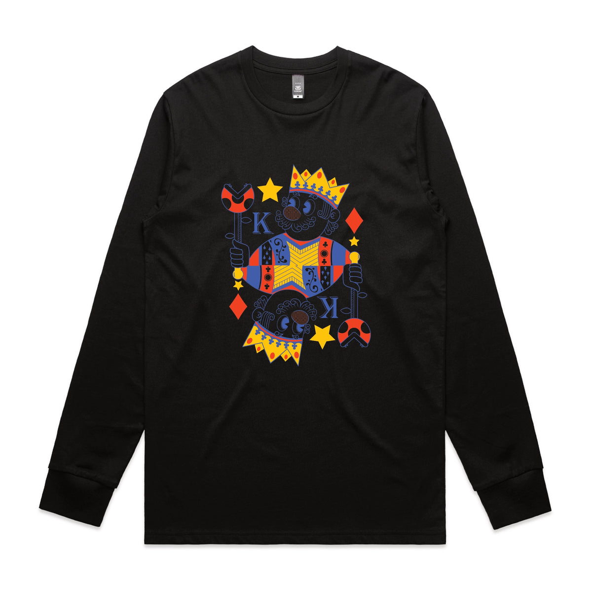 Black long sleeve t-shirt with Mushroom King graphic by Lonely Kids Club