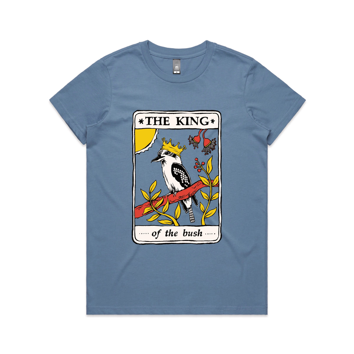 Carolina Blue fitted womens t-shirt with The King Tarot graphic by Lonely Kids Club