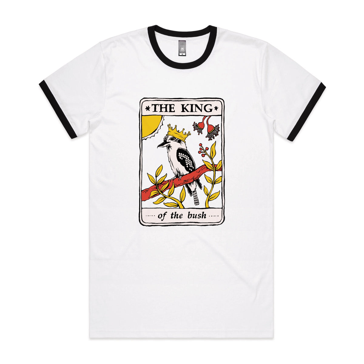 Black/White Ringer unisex t-shirt with The King Tarot graphic by Lonely Kids Club