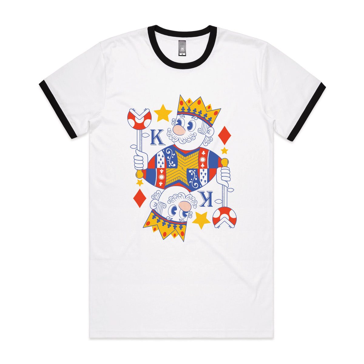 Black/White Ringer unisex t-shirt with Mushroom King graphic by Lonely Kids Club