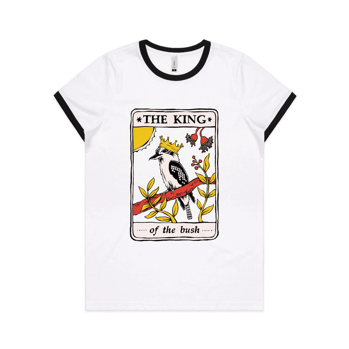 Black/White Ringer fitted womens t-shirt with The King Tarot graphic by Lonely Kids Club