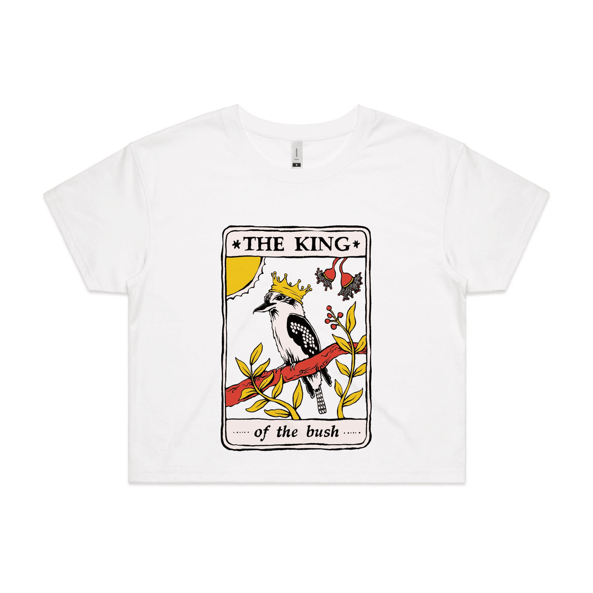 White crop top with The King Tarot graphic by Lonely Kids Club