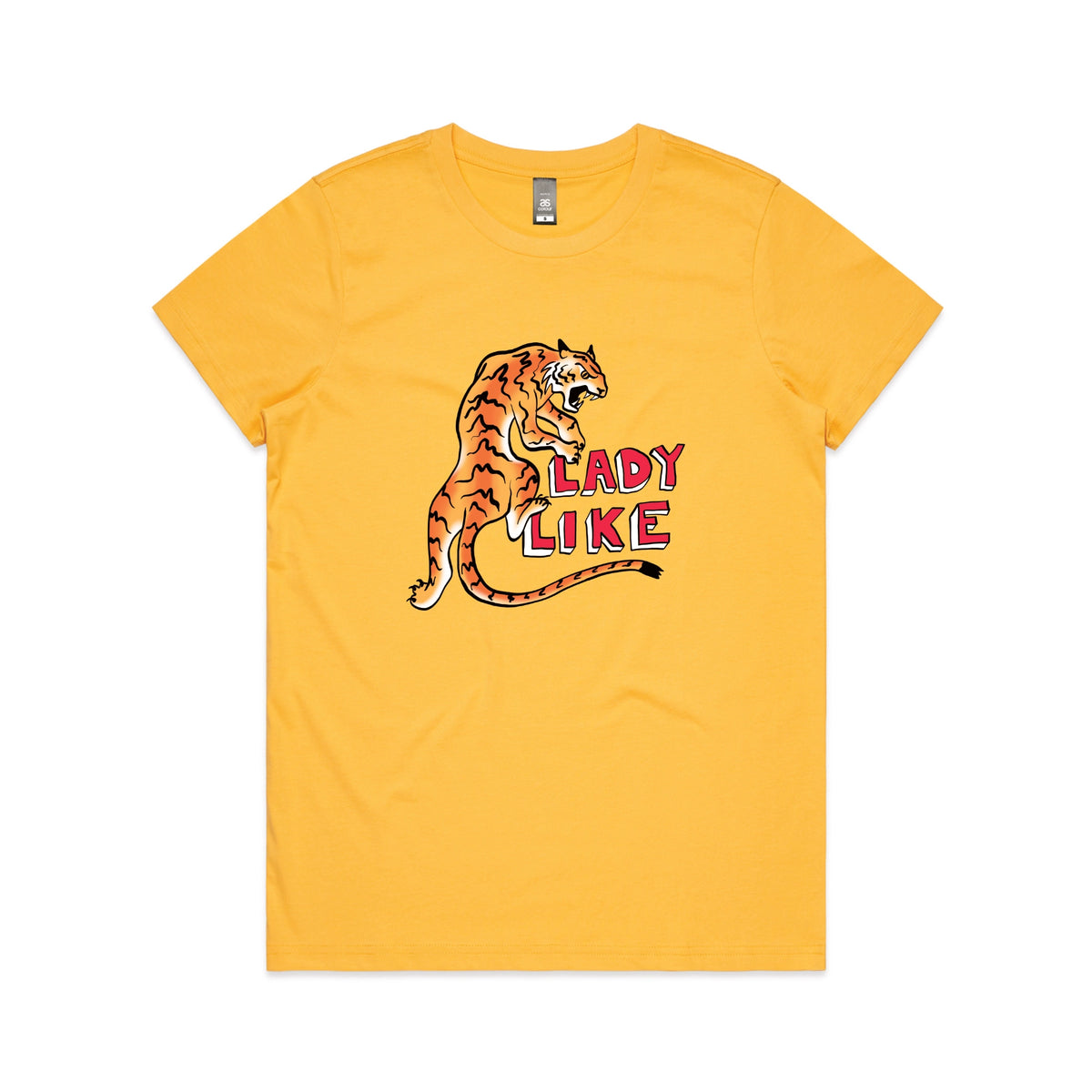Yellow fitted womens t-shirt with Lady Like graphic by Lonely Kids Club