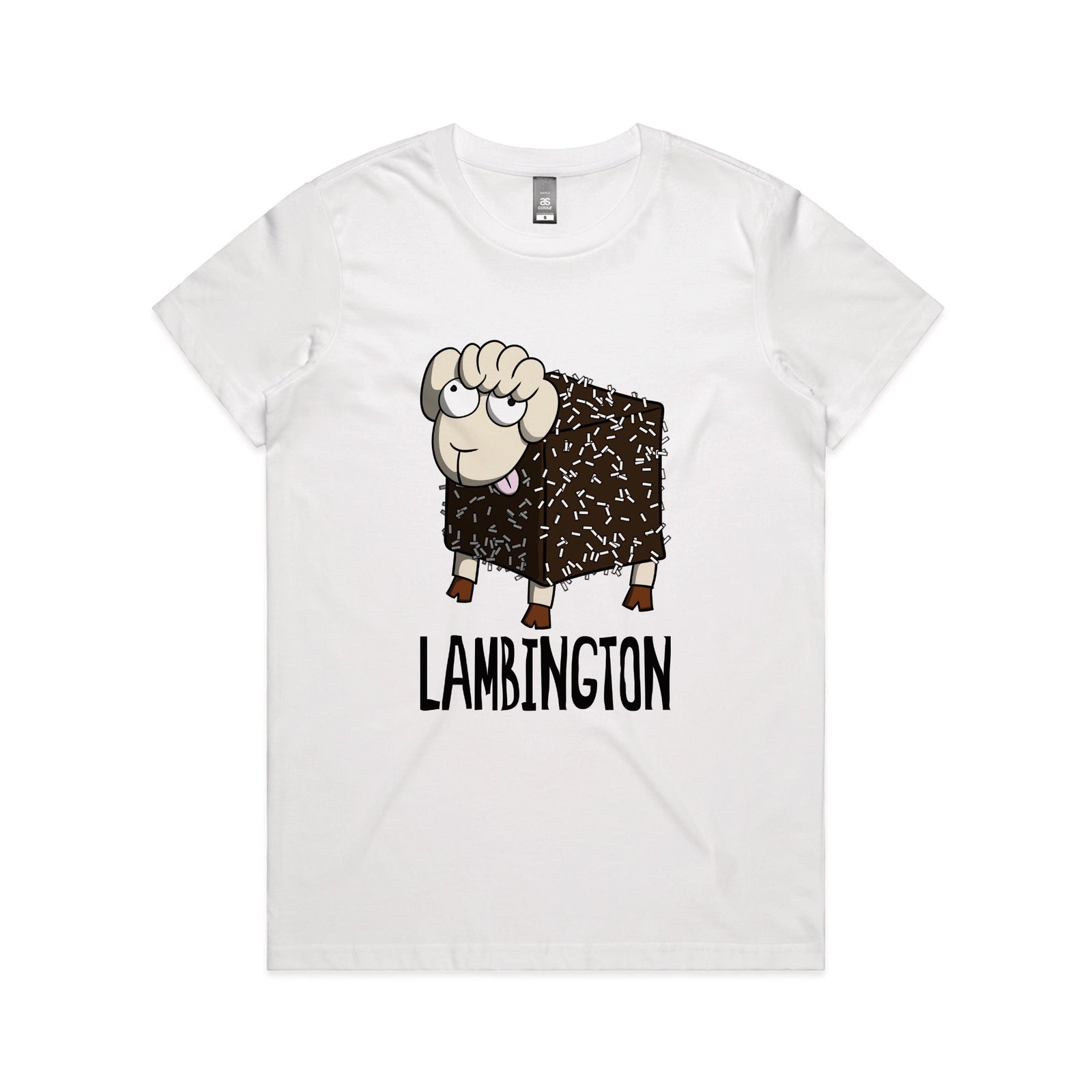 White fitted womens t-shirt with Lambington graphic by Lonely Kids Club