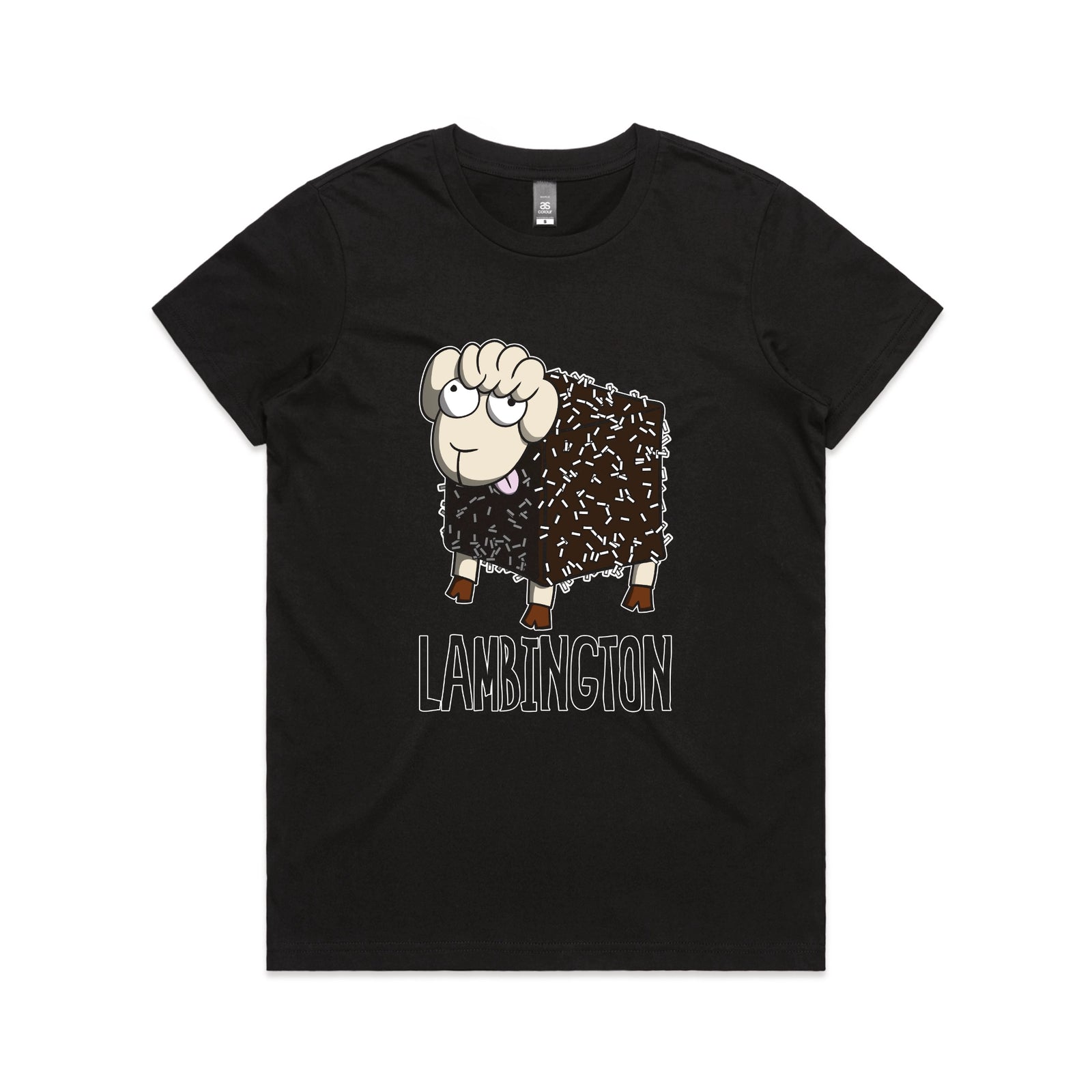Black fitted womens t-shirt with Lambington graphic by Lonely Kids Club