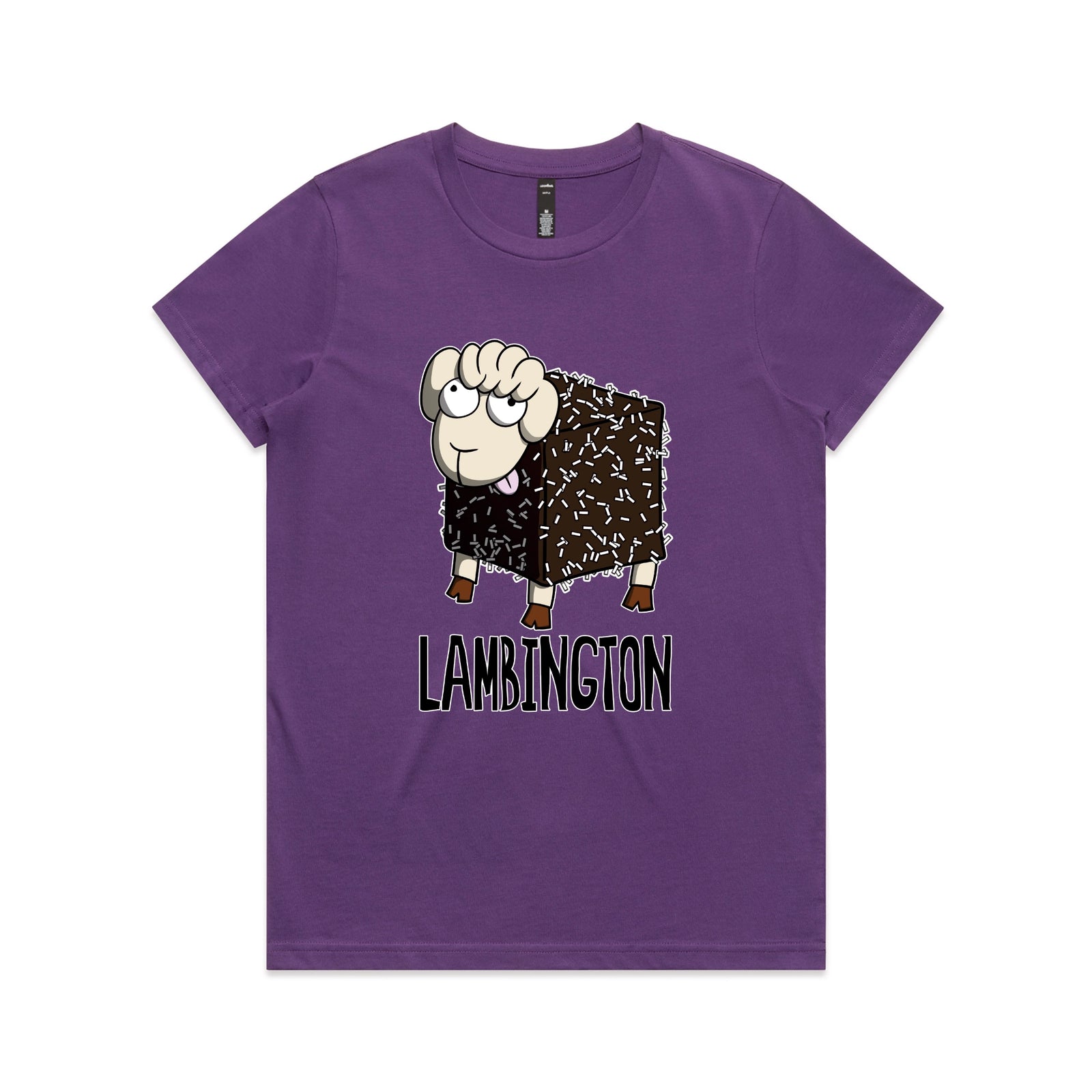 Purple fitted womens t-shirt with Lambington graphic by Lonely Kids Club