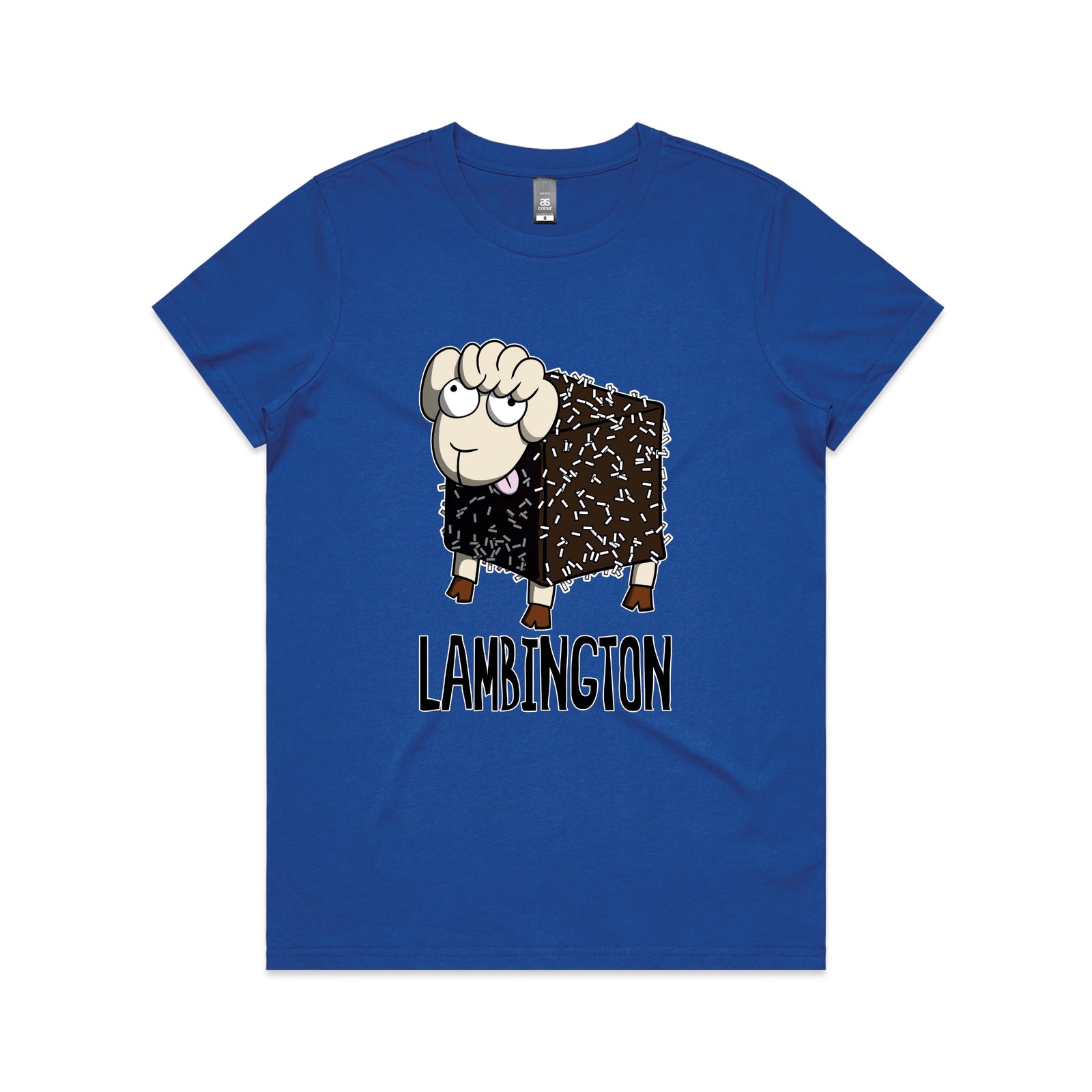 Royal Blue fitted womens t-shirt with Lambington graphic by Lonely Kids Club