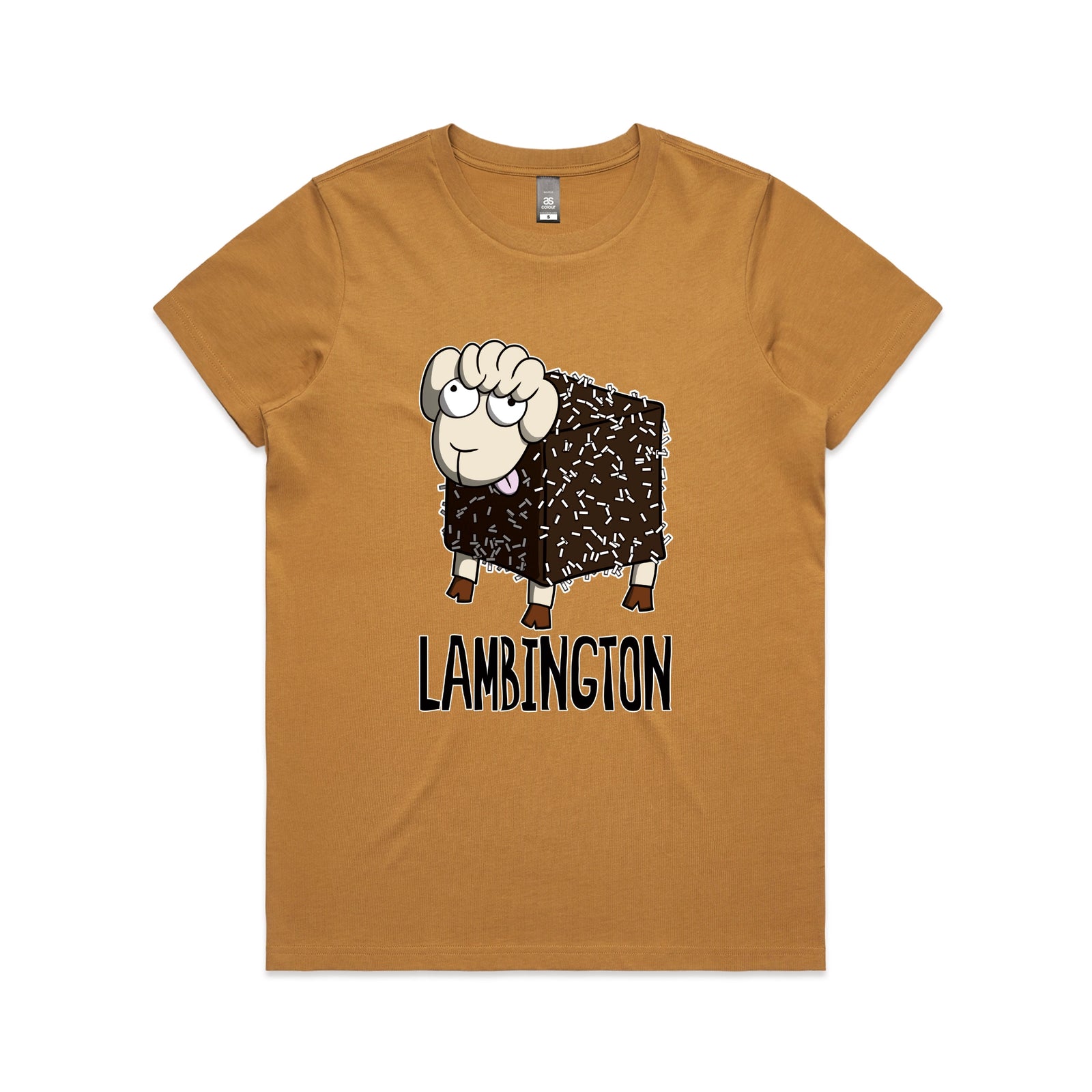 Camel fitted womens t-shirt with Lambington graphic by Lonely Kids Club