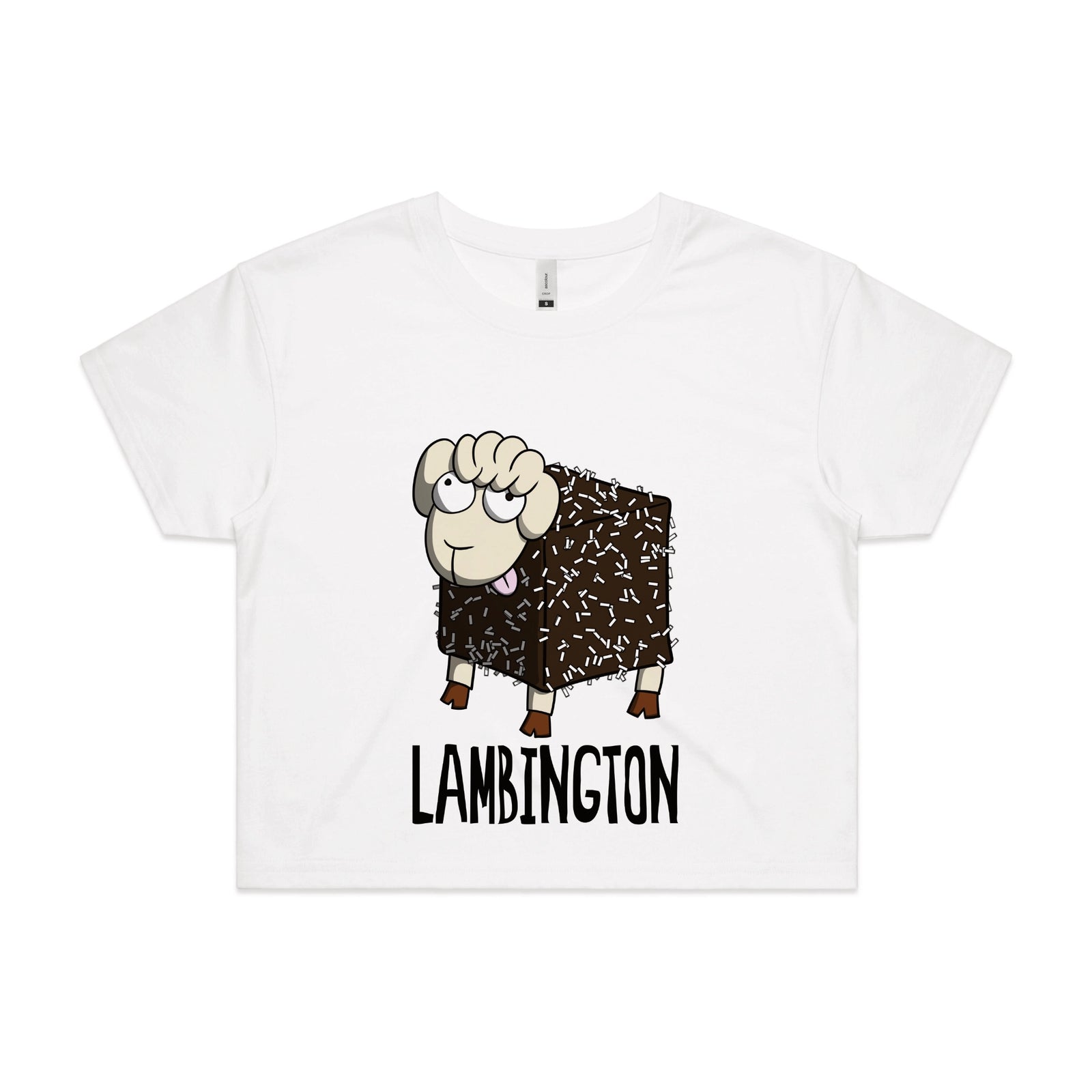 White crop top with Lambington graphic by Lonely Kids Club