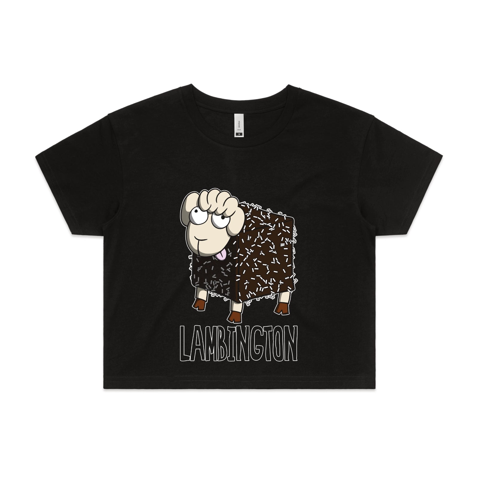 Black crop top with Lambington graphic by Lonely Kids Club