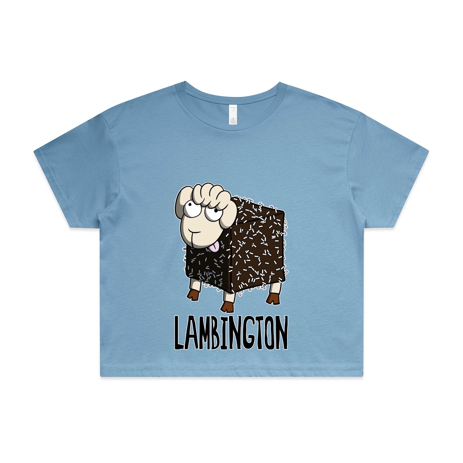 Carolina Blue crop top with Lambington graphic by Lonely Kids Club