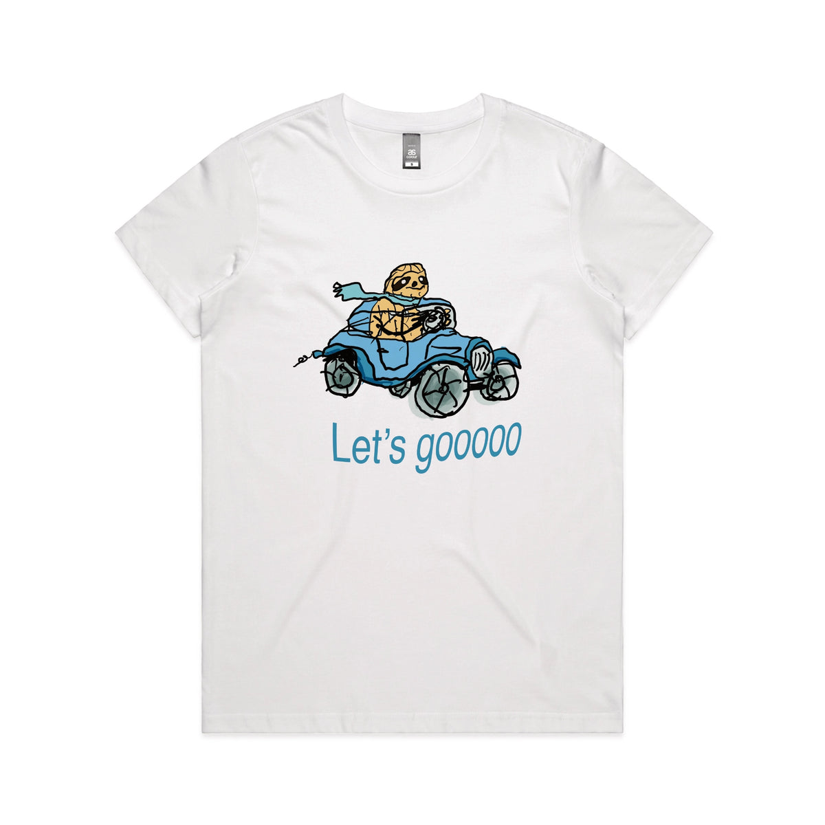 White fitted womens t-shirt with Let's Gooooo graphic by Lonely Kids Club