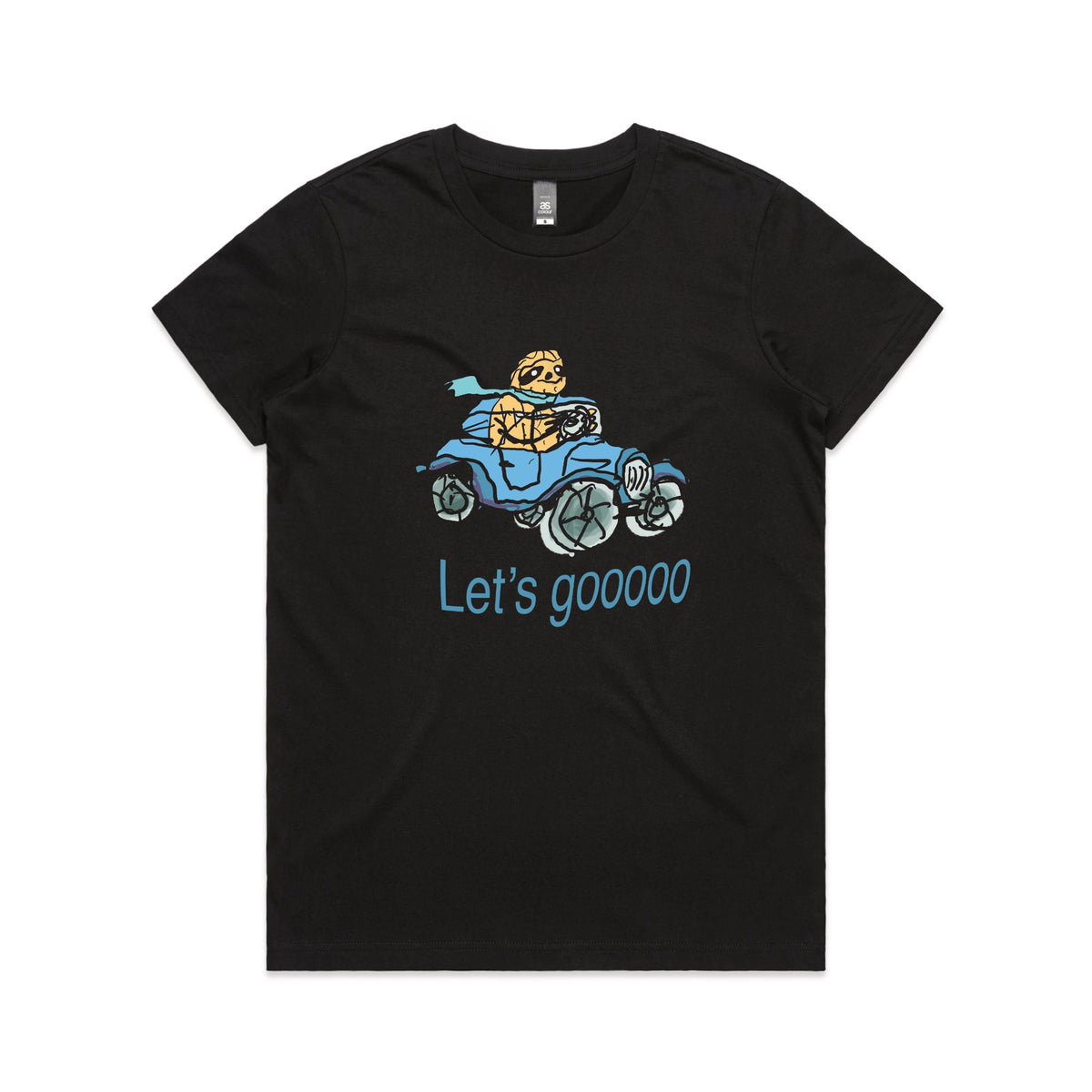 Black fitted womens t-shirt with Let's Gooooo graphic by Lonely Kids Club
