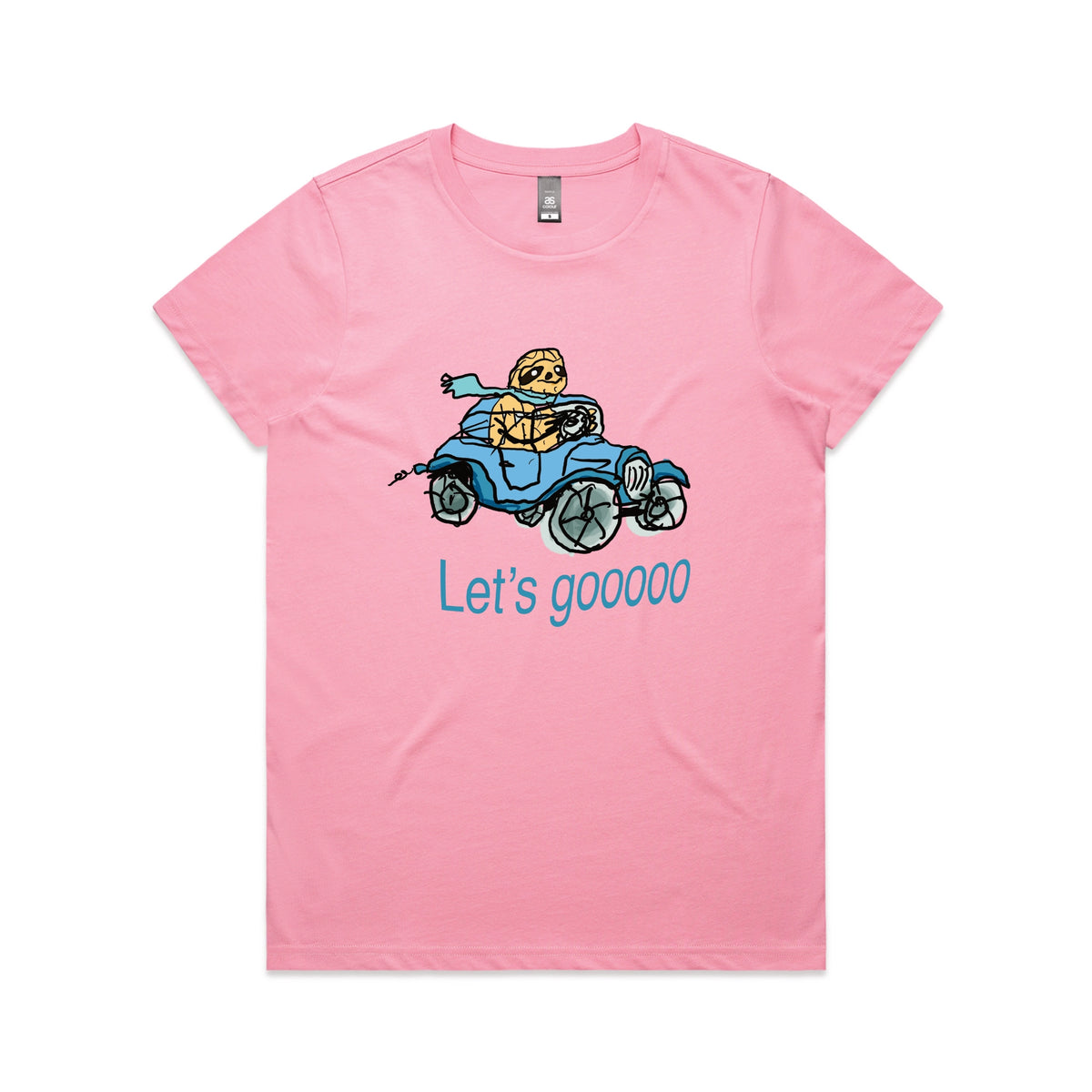 Bubblegum fitted womens t-shirt with Let's Gooooo graphic by Lonely Kids Club