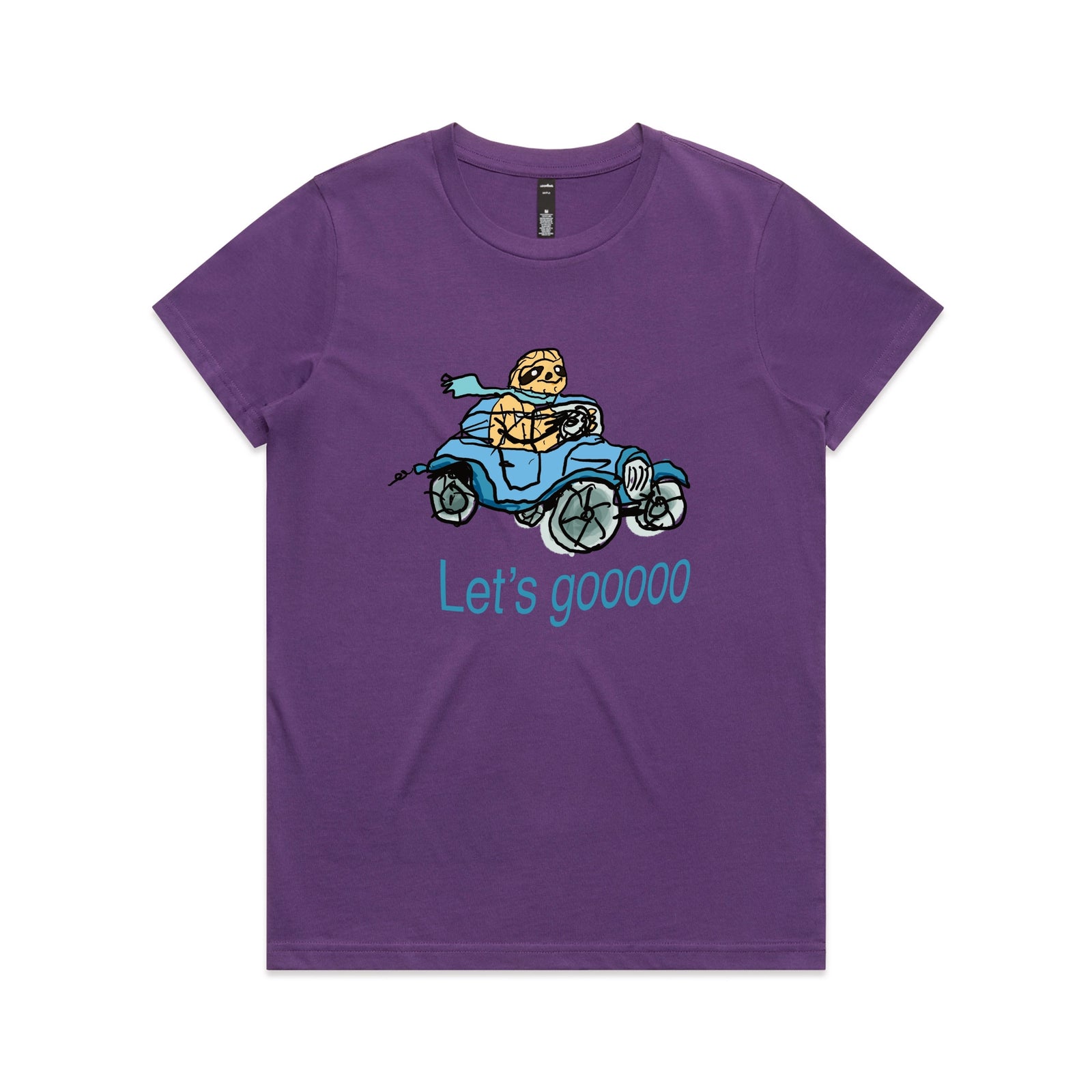Purple fitted womens t-shirt with Let's Gooooo graphic by Lonely Kids Club