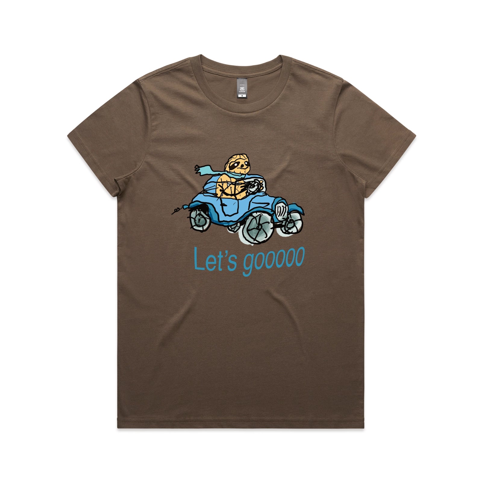 Walnut fitted womens t-shirt with Let's Gooooo graphic by Lonely Kids Club