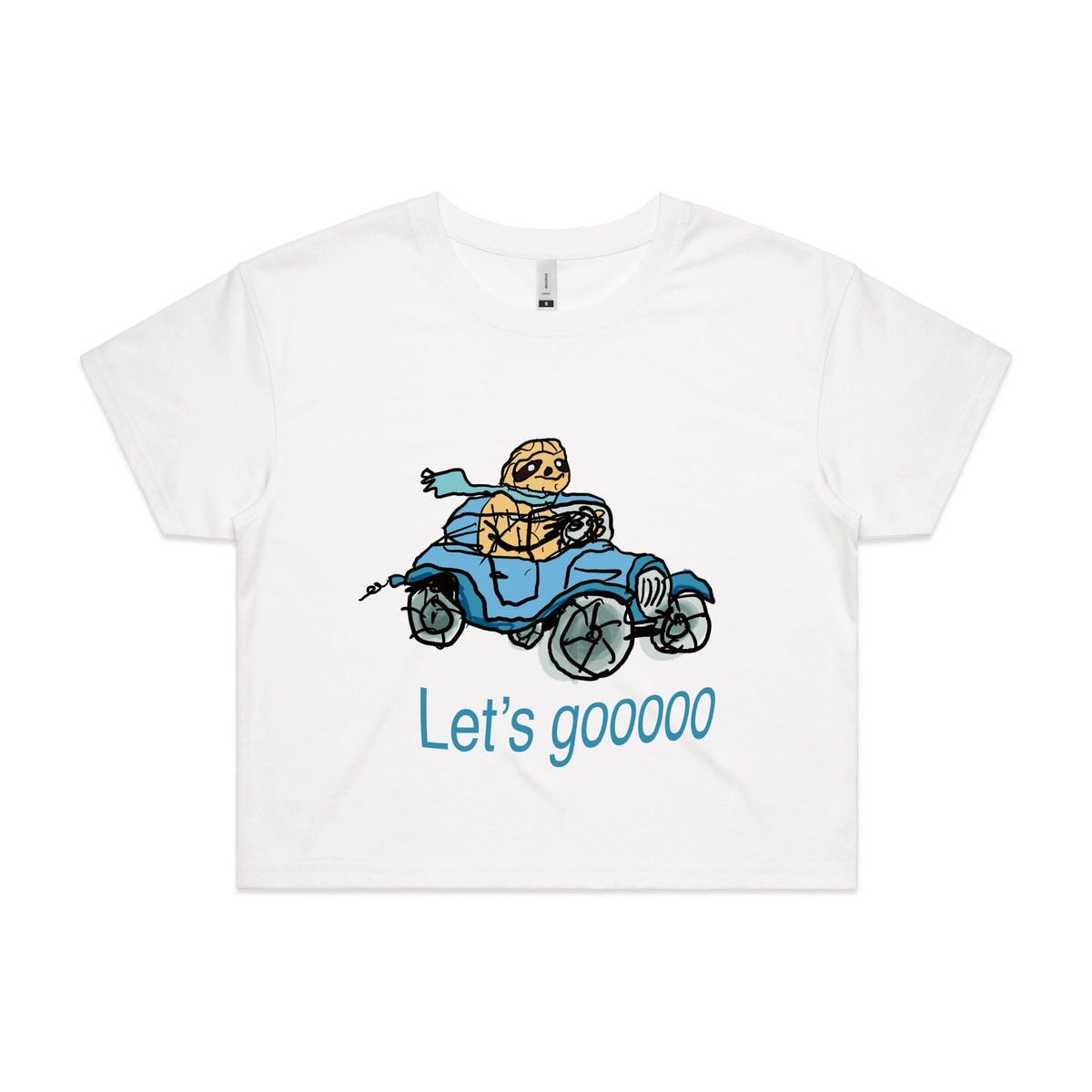 White crop top with Let's Gooooo graphic by Lonely Kids Club