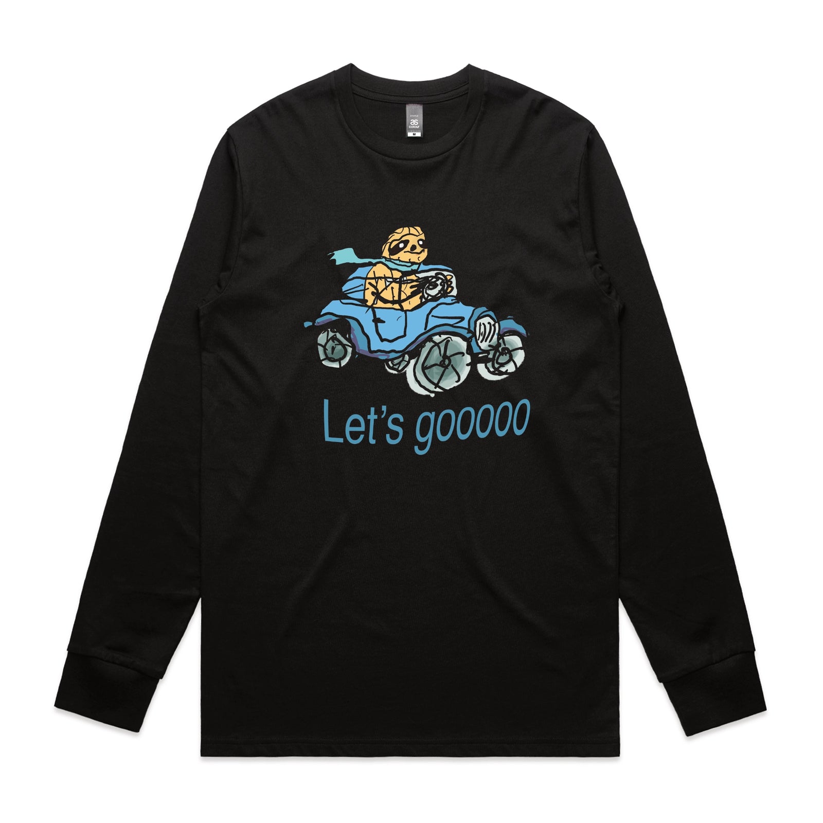 Black long sleeve t-shirt with Let's Gooooo graphic by Lonely Kids Club