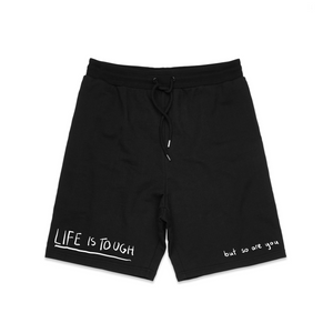 Life Is Tough Shorts by Lonely Kids Club. All clothing from our T-shirts to our shorts and hoodies are ethically made, and printed packed and shipped from Sydney.