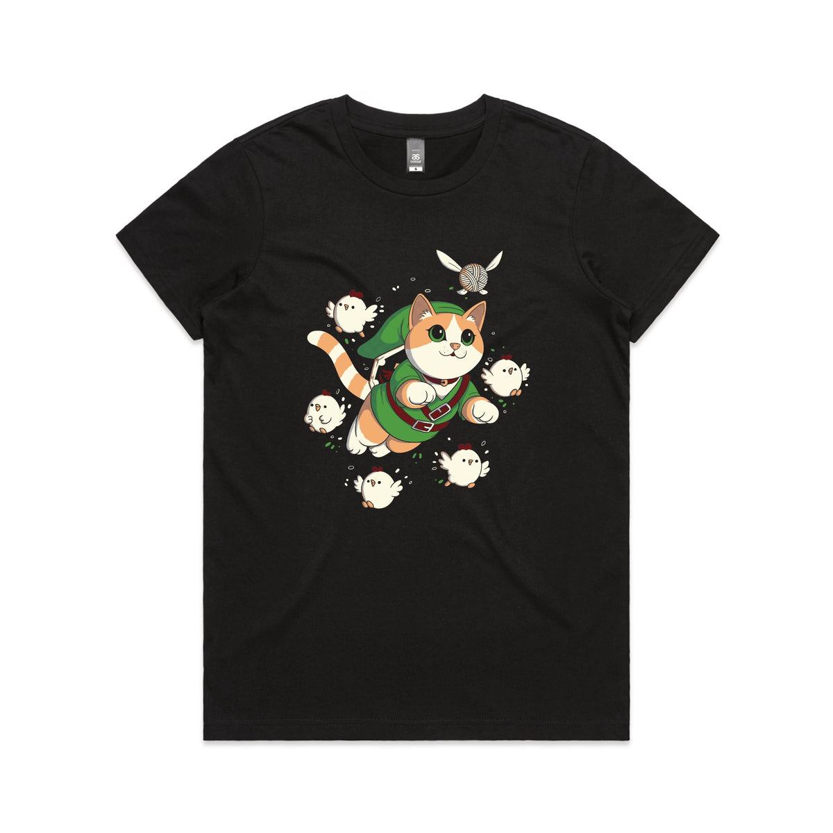 Black fitted womens t-shirt with Link Cat graphic by Lonely Kids Club