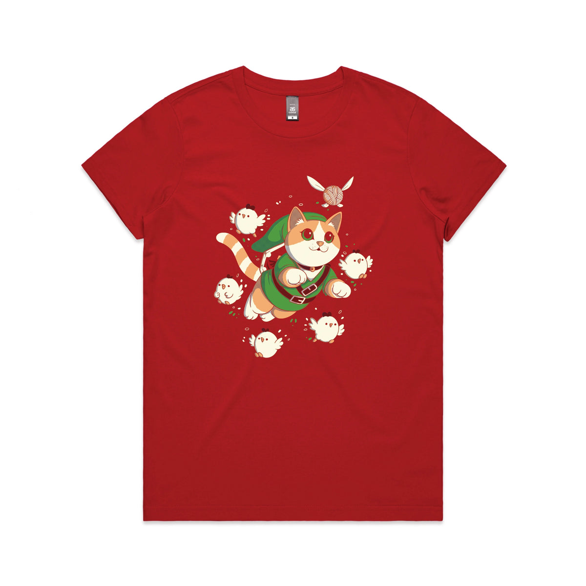 Red fitted womens t-shirt with Link Cat graphic by Lonely Kids Club