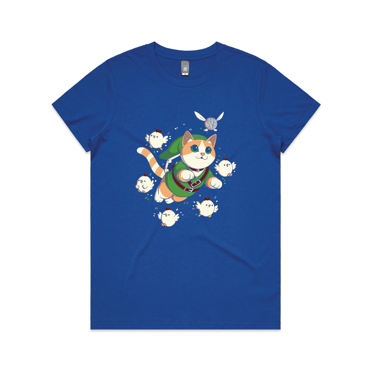 Royal Blue fitted womens t-shirt with Link Cat graphic by Lonely Kids Club