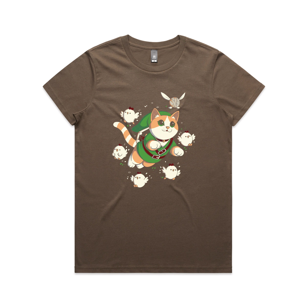 Walnut fitted womens t-shirt with Link Cat graphic by Lonely Kids Club