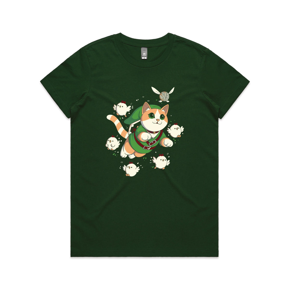 Forest Green fitted womens t-shirt with Link Cat graphic by Lonely Kids Club