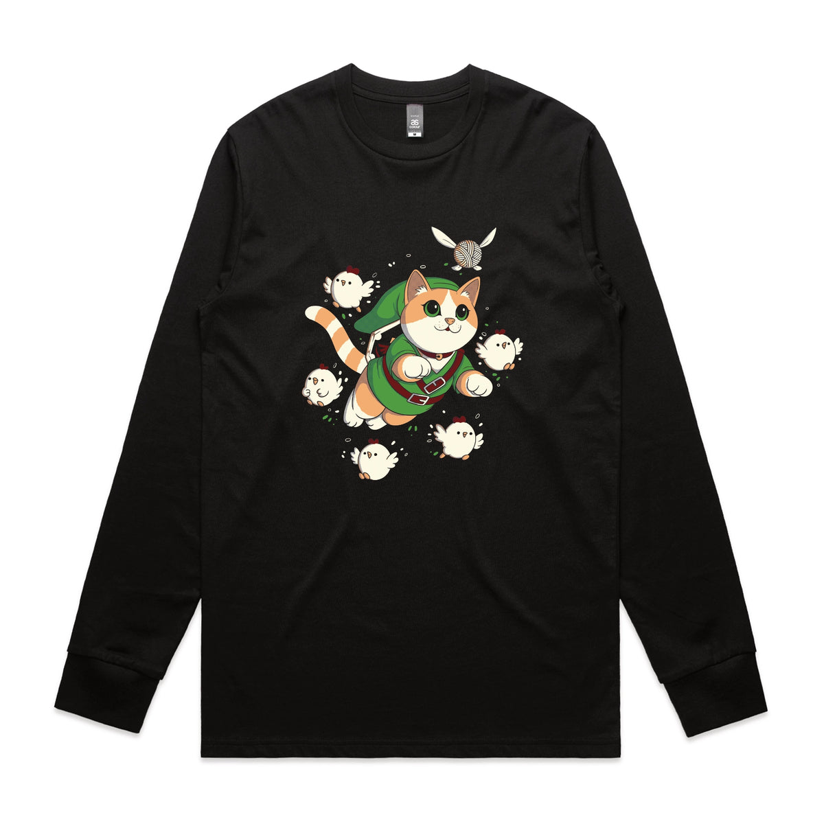 Black long sleeve t-shirt with Link Cat graphic by Lonely Kids Club