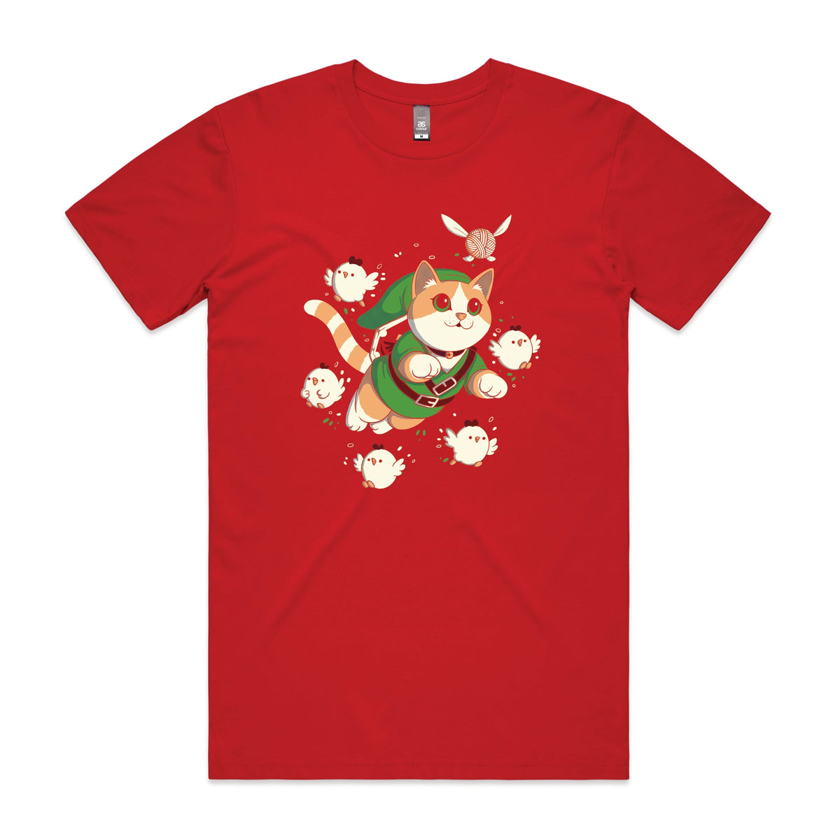 Red unisex t-shirt with Link Cat graphic by Lonely Kids Club