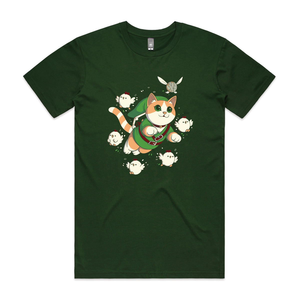 Forest Green unisex t-shirt with Link Cat graphic by Lonely Kids Club