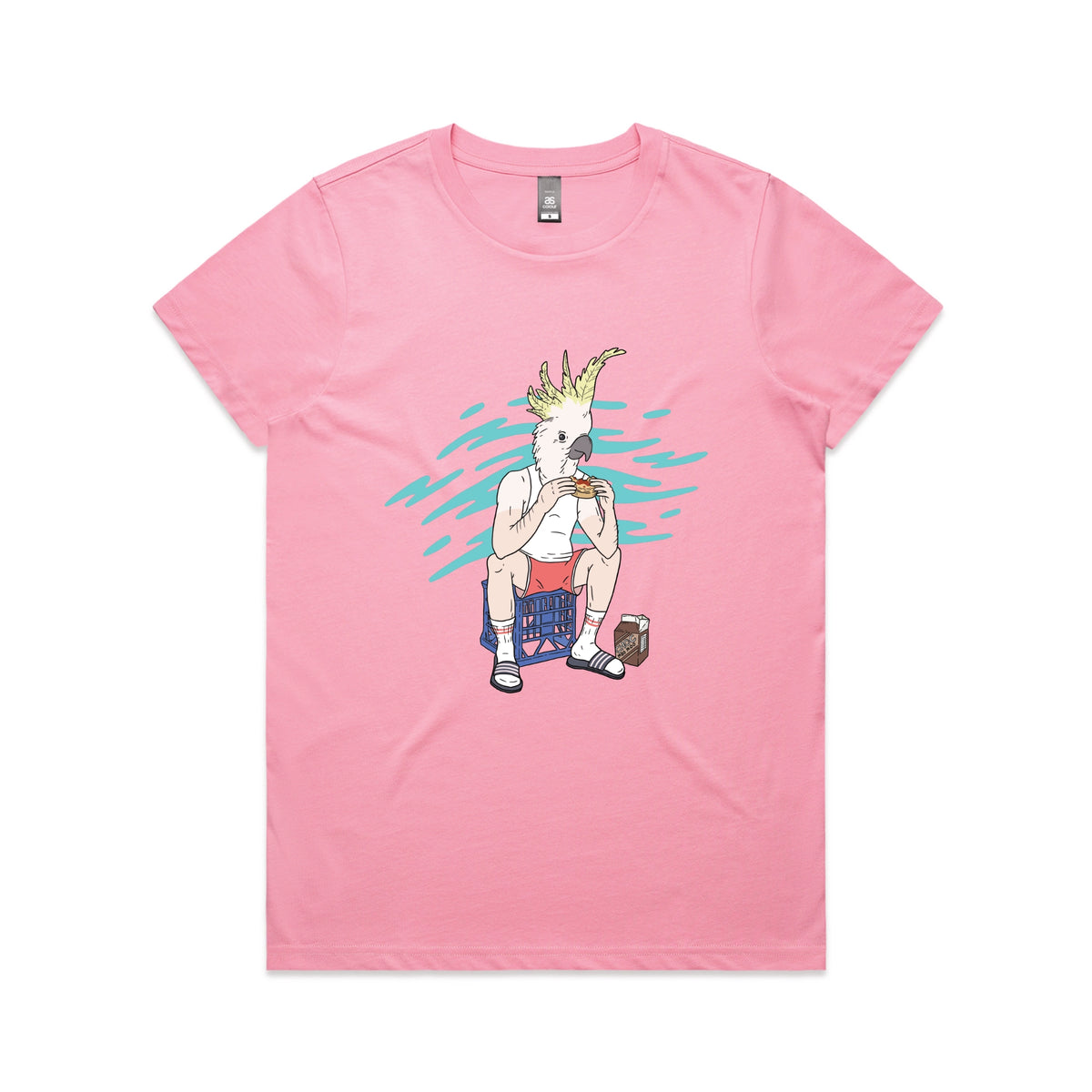 Bubblegum fitted womens t-shirt with This Is Living graphic by Lonely Kids Club