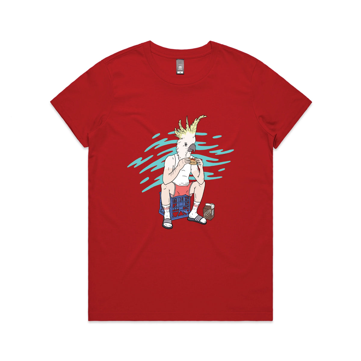 Red fitted womens t-shirt with This Is Living graphic by Lonely Kids Club