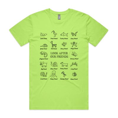 Look After Our Friends Tee by Lonely Kids Club. All clothing from our T-shirts to our shorts and hoodies are ethically made, and printed packed and shipped from Sydney.