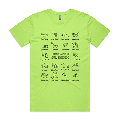 Look After Our Friends Tee by Lonely Kids Club. All clothing from our T-shirts to our shorts and hoodies are ethically made, and printed packed and shipped from Sydney.