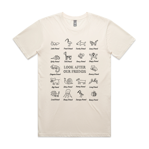 Look After Our Friends Tee by Lonely Kids Club. All clothing from our T-shirts to our shorts and hoodies are ethically made, and printed packed and shipped from Sydney.