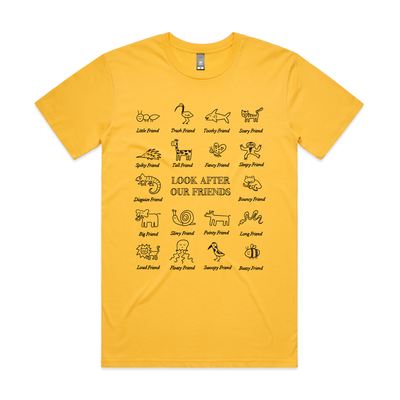 Look After Our Friends Tee by Lonely Kids Club. All clothing from our T-shirts to our shorts and hoodies are ethically made, and printed packed and shipped from Sydney.