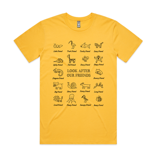 Look After Our Friends Tee by Lonely Kids Club. All clothing from our T-shirts to our shorts and hoodies are ethically made, and printed packed and shipped from Sydney.