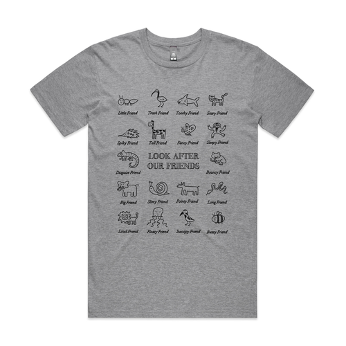 Look After Our Friends Tee by Lonely Kids Club. All clothing from our T-shirts to our shorts and hoodies are ethically made, and printed packed and shipped from Sydney.