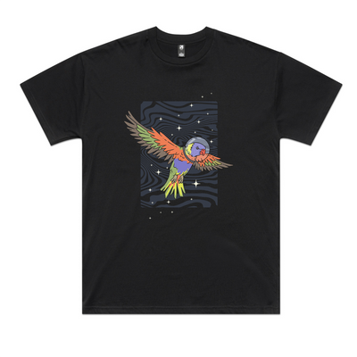 Space Lorikeet Tee by Lonely Kids Club. All clothing from our T-shirts to our shorts and hoodies are ethically made, and printed packed and shipped from Sydney.