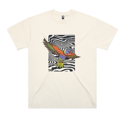 Space Lorikeet Tee by Lonely Kids Club. All clothing from our T-shirts to our shorts and hoodies are ethically made, and printed packed and shipped from Sydney.