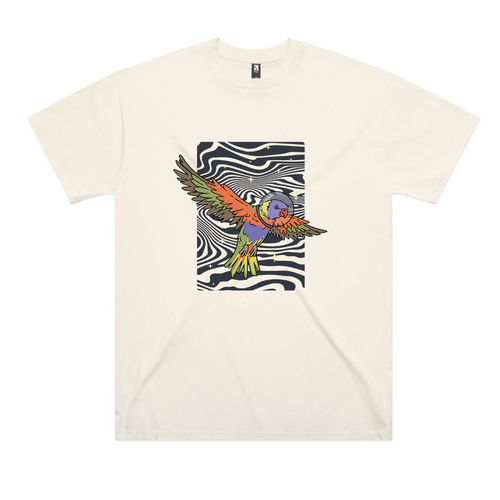 Space Lorikeet Tee by Lonely Kids Club. All clothing from our T-shirts to our shorts and hoodies are ethically made, and printed packed and shipped from Sydney.