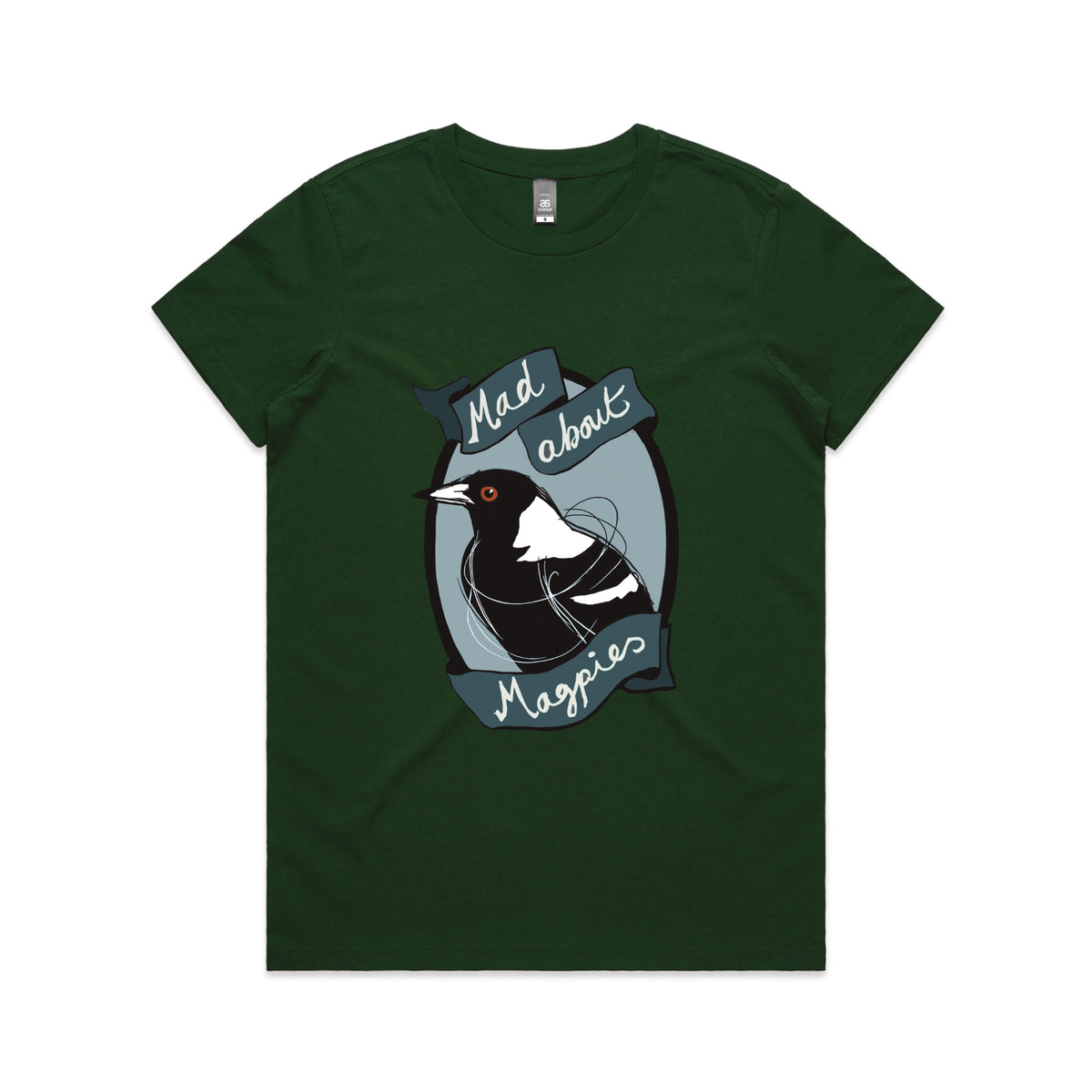 Forest Green fitted womens t-shirt with Mad About Magpies graphic by Lonely Kids Club