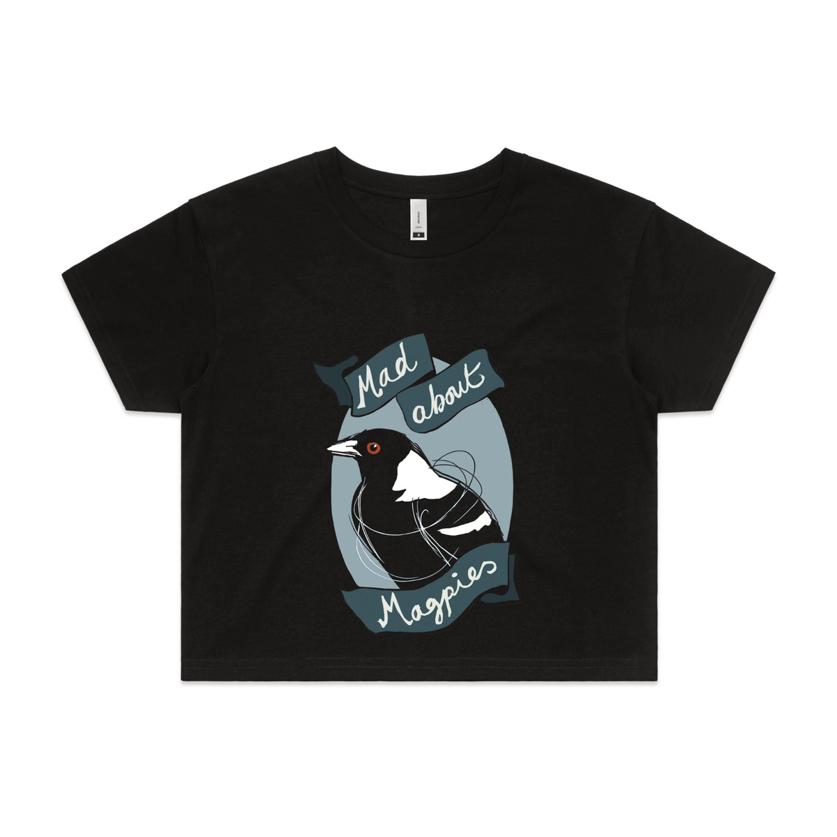 Black crop top with Mad About Magpies graphic by Lonely Kids Club